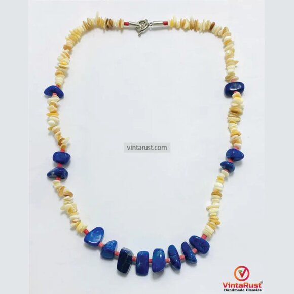 Lapis lazuli beaded necklace: handmade tribal jewelry with precious stones. - Picture 3 of 7